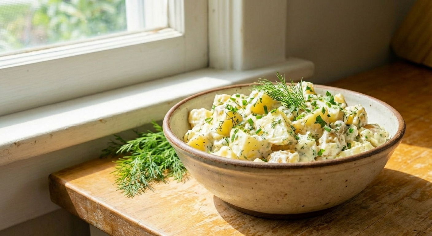 A bowl of creamy potato salad with herbs