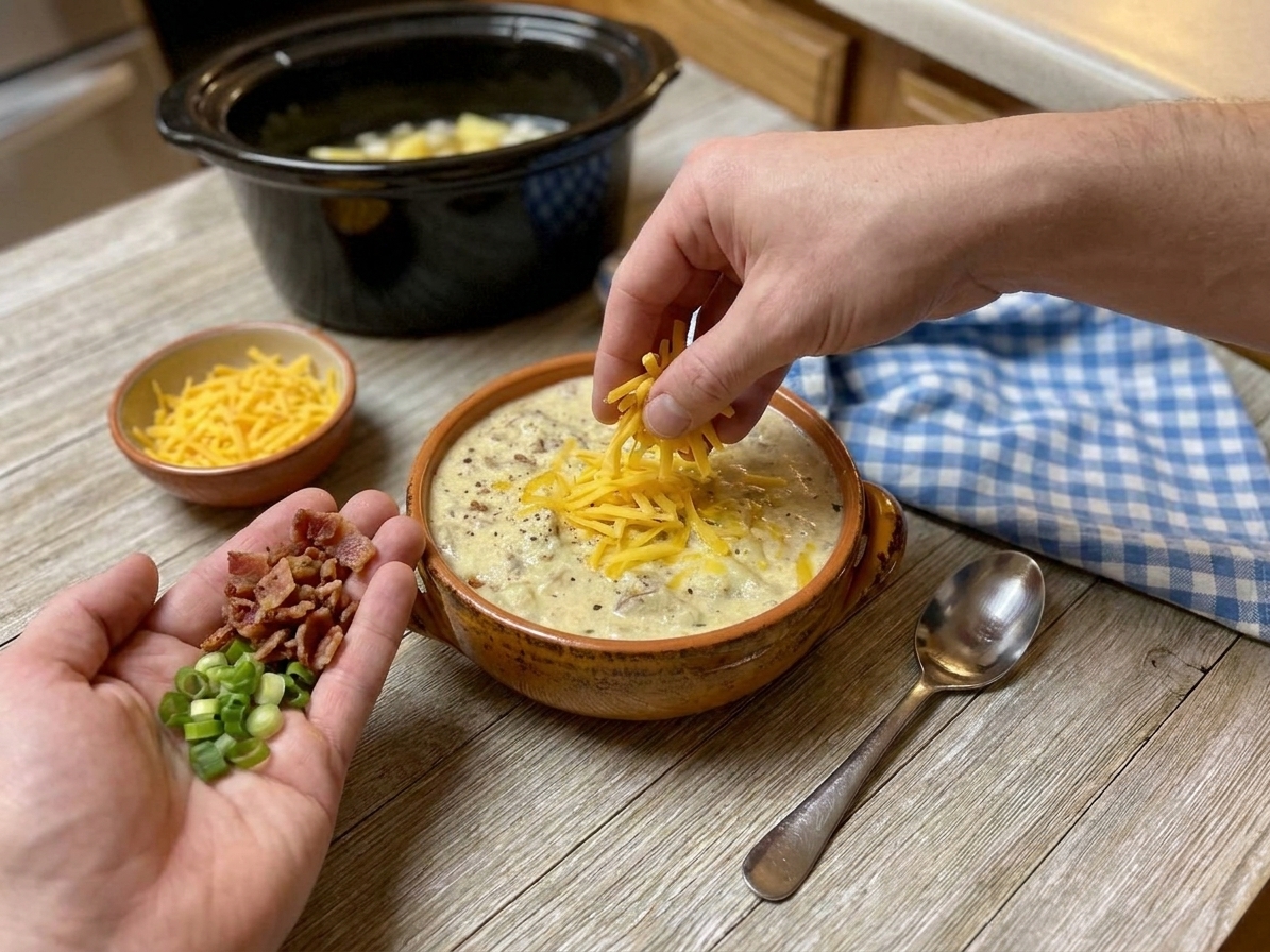 A bowl of creamy potato soup being topped with shredded cheddar, crumbled bacon, and sliced green onions on a kitchen counter