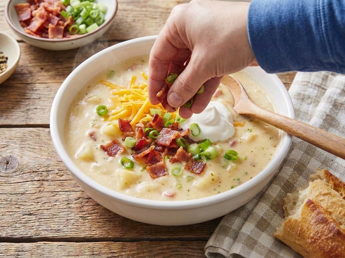 A bowl of creamy potato soup being topped with shredded cheddar, crispy bacon, and sliced scallions