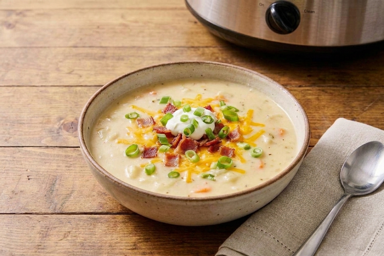 A bowl of creamy potato soup topped with bacon bits, shredded cheddar, sour cream, and green onions on a wooden table with a spoon beside it