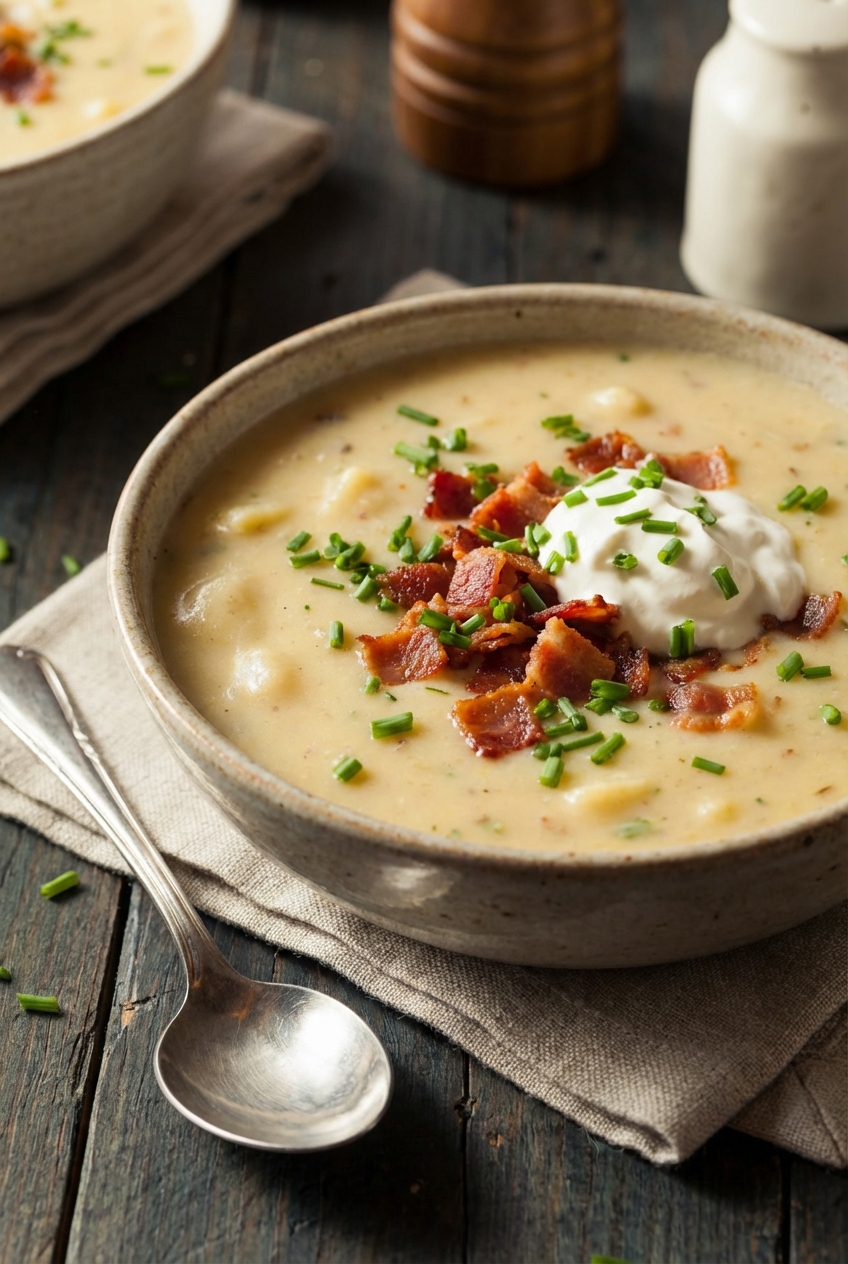 A bowl of creamy potato soup topped with crispy bacon, chives, and a swirl of sour cream on a wooden table with a spoon beside it