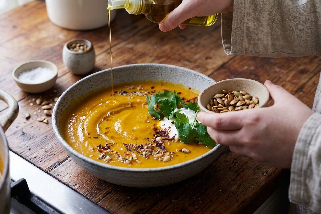 A bowl of creamy pumpkin soup being topped with toasted pumpkin seeds and a drizzle of olive oil on a kitchen counter