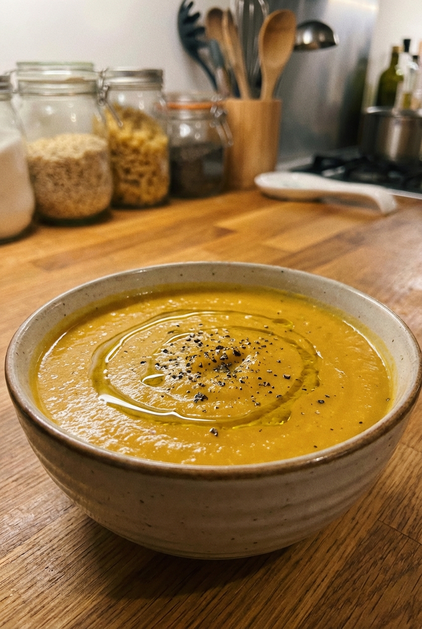 A bowl of creamy pumpkin soup topped with olive oil and cracked pepper