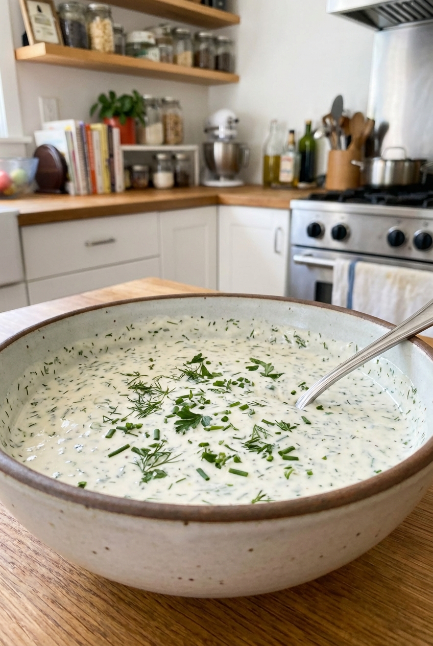 A bowl of creamy ranch dressing with herbs and a spoon on a kitchen counter