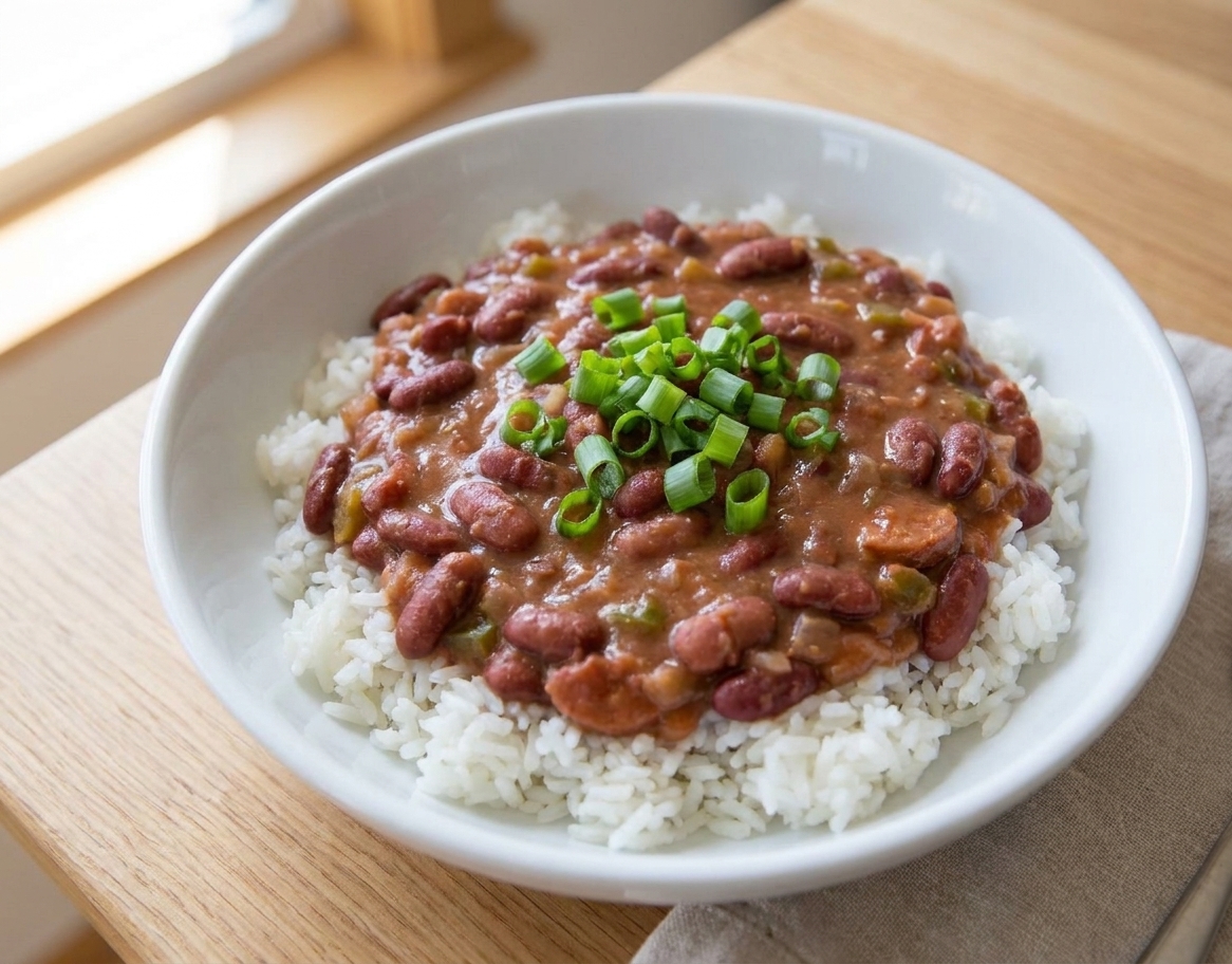 A bowl of creamy red beans served over white rice, garnished with green onions on a simple kitchen table