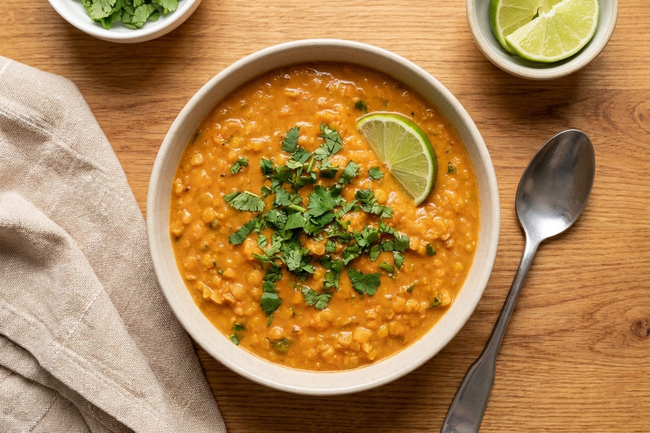 A bowl of creamy red lentil coconut curry topped with cilantro and a lime wedge on a warm-toned kitchen table, with a spoon resting beside the bowl