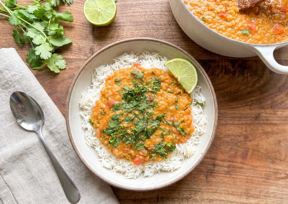 A bowl of creamy red lentil curry served over fluffy basmati rice with cilantro and a lime wedge on a light kitchen table