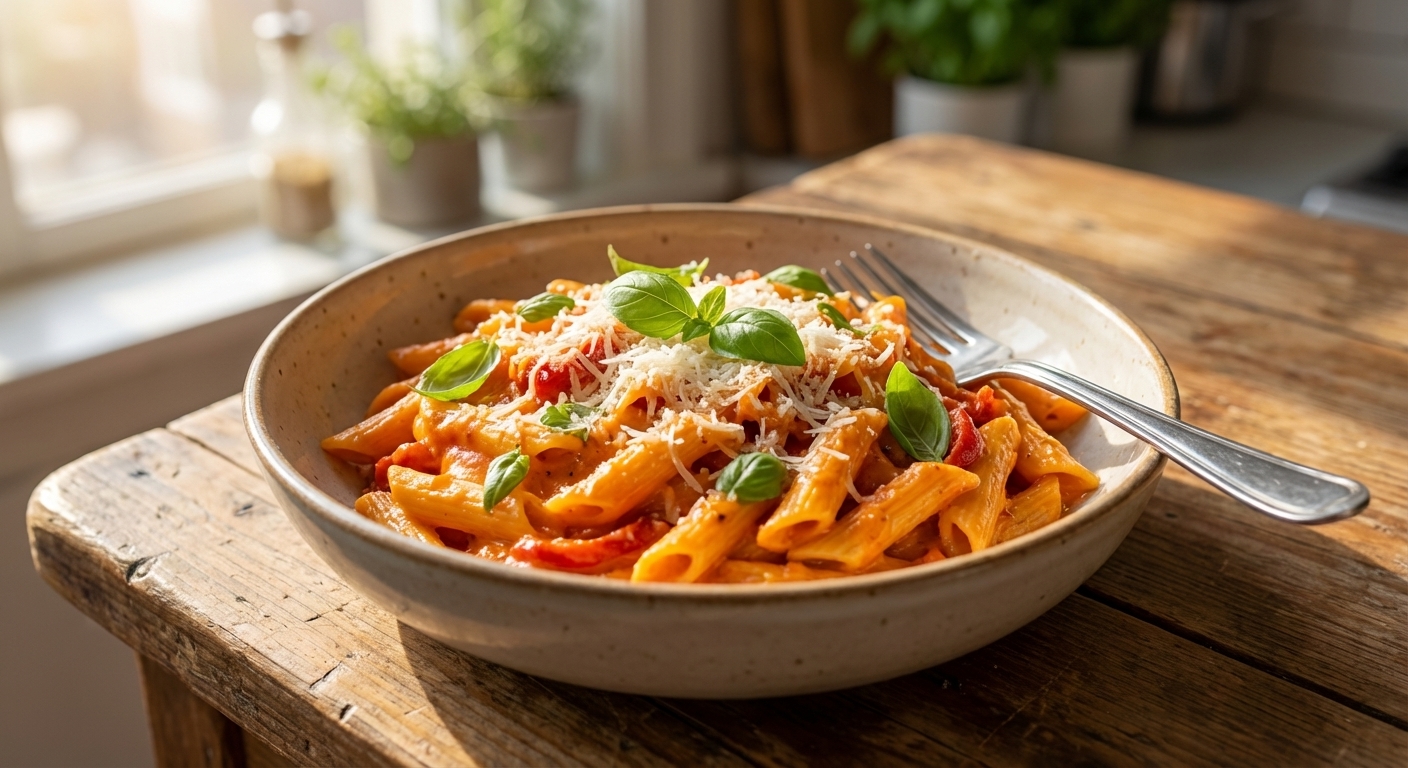 A bowl of creamy roasted red pepper pasta with a glossy orange-red sauce, topped with freshly grated parmesan and basil, sitting on a wooden table with a fork resting on the edge of the bowl, warm natural kitchen light, photorealistic food photography