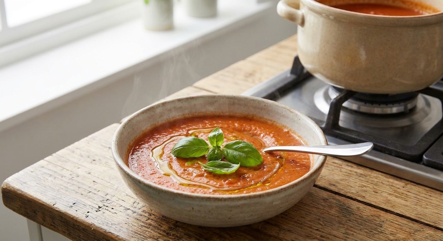 A bowl of creamy roasted tomato soup topped with basil and a drizzle of olive oil on a wooden table with a spoon nearby.