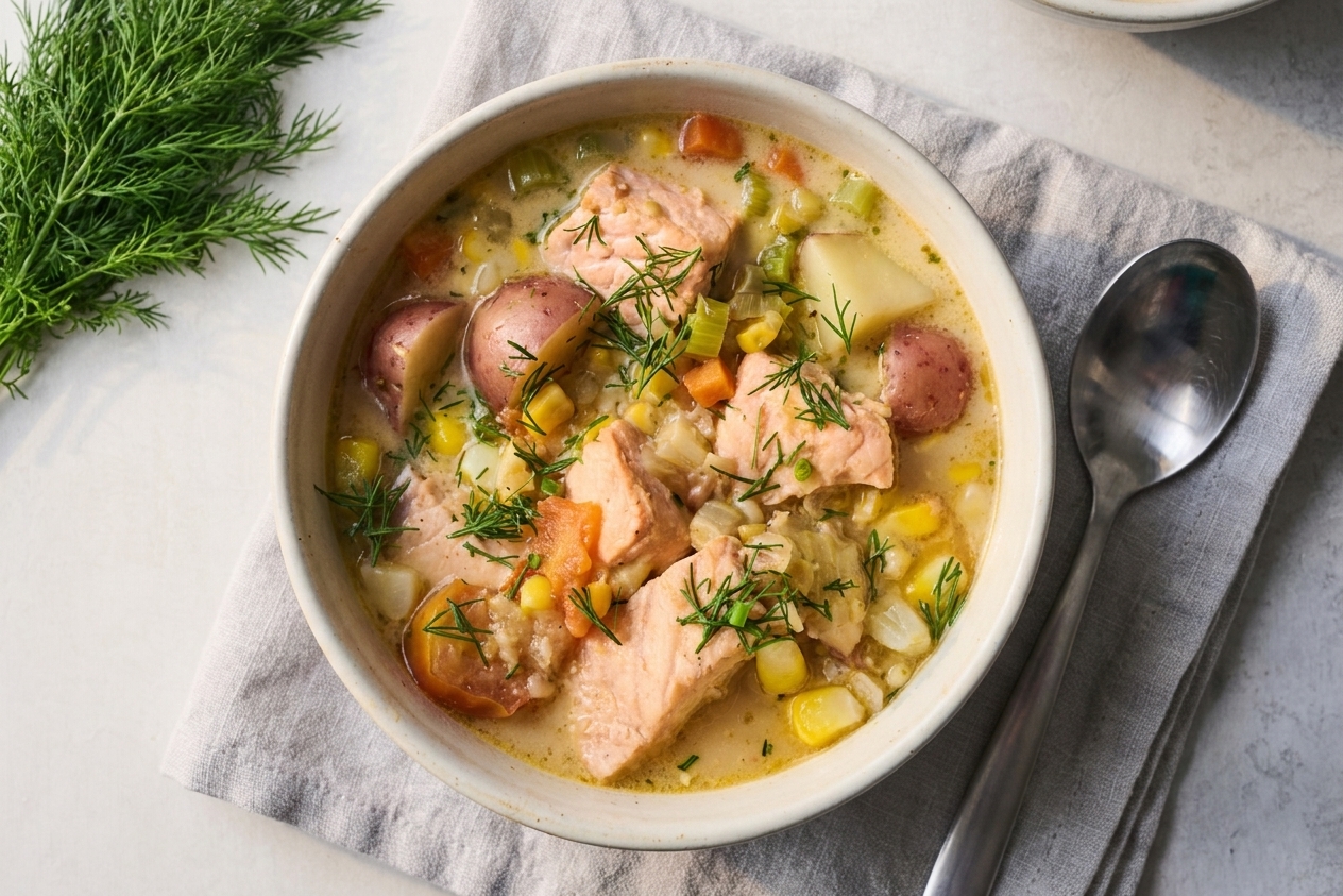 A bowl of creamy salmon chowder garnished with fresh dill on a kitchen table with a linen napkin and spoon