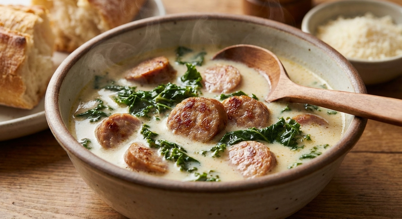 A bowl of creamy sausage and kale soup with steam rising