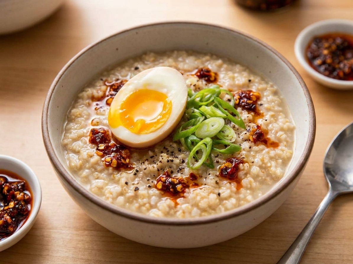 A bowl of creamy savory oatmeal cooked in broth, topped with a jammy soft-boiled egg, sliced scallions, chili crisp, and black pepper on a light kitchen table