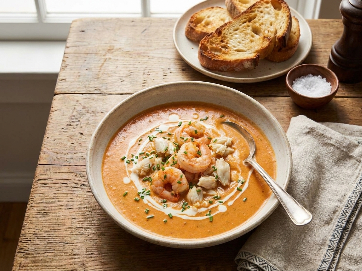 A bowl of creamy seafood bisque garnished with shrimp and chives on a dinner table with crusty bread nearby