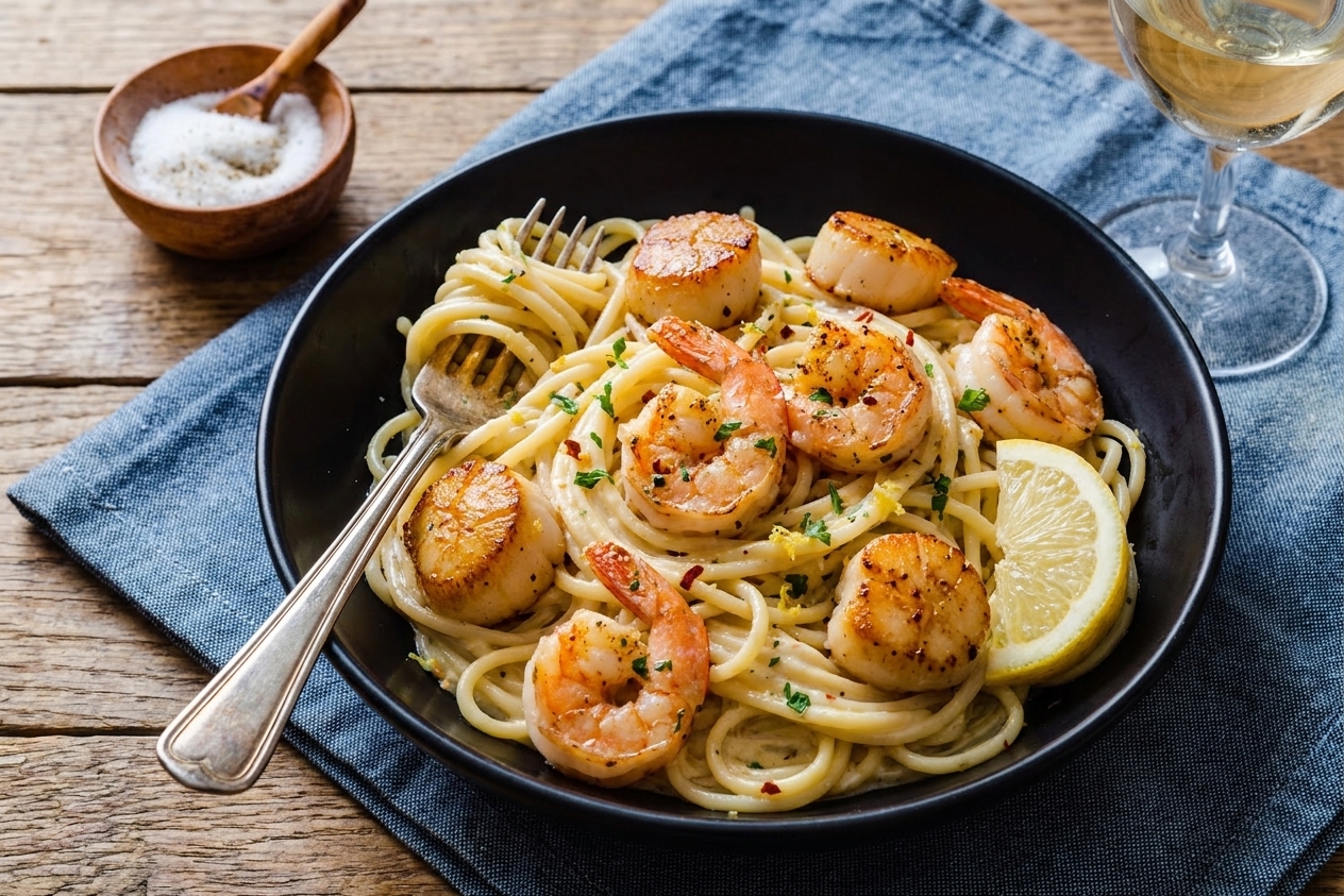 A bowl of creamy seafood pasta with shrimp and scallops on a simple dinner table setting with a lemon wedge and fork