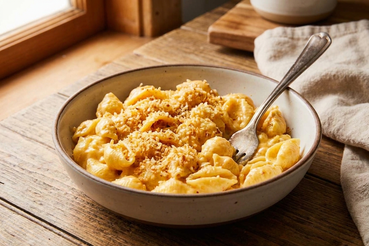 A bowl of creamy slow cooker macaroni and cheese topped with a light sprinkle of toasted panko on a wooden table