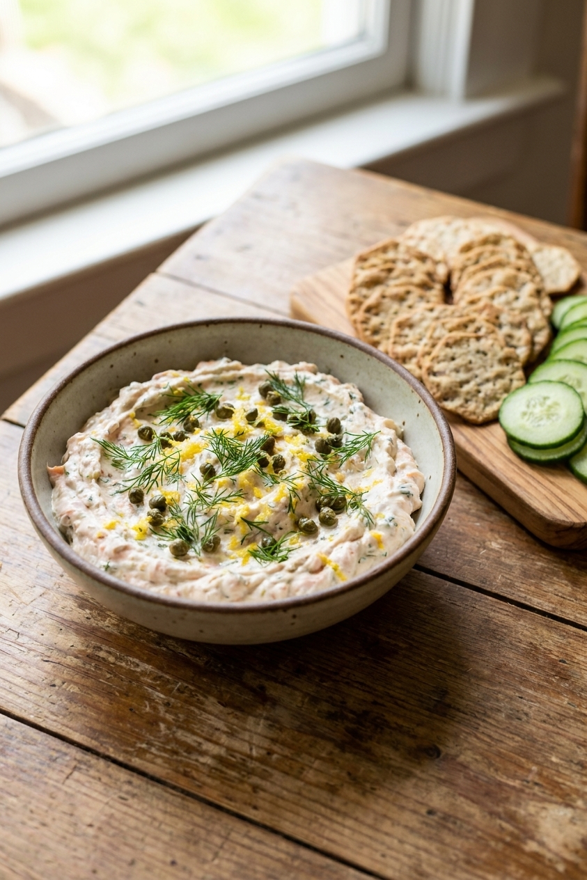 A bowl of creamy smoked salmon dip topped with dill, capers, and lemon zest on a wooden table with crackers and sliced cucumbers nearby, natural light food photography