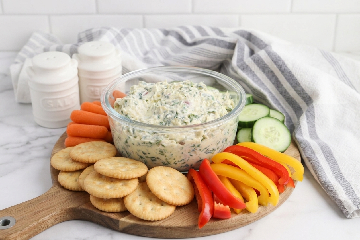 A bowl of creamy spinach dip on a table surrounded by crackers, baby carrots, sliced cucumbers, and bell pepper strips