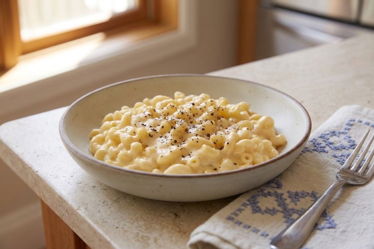 A bowl of creamy stovetop macaroni and cheese with a glossy cheddar sauce, black pepper on top, sitting on a light stone kitchen counter with a fork beside it
