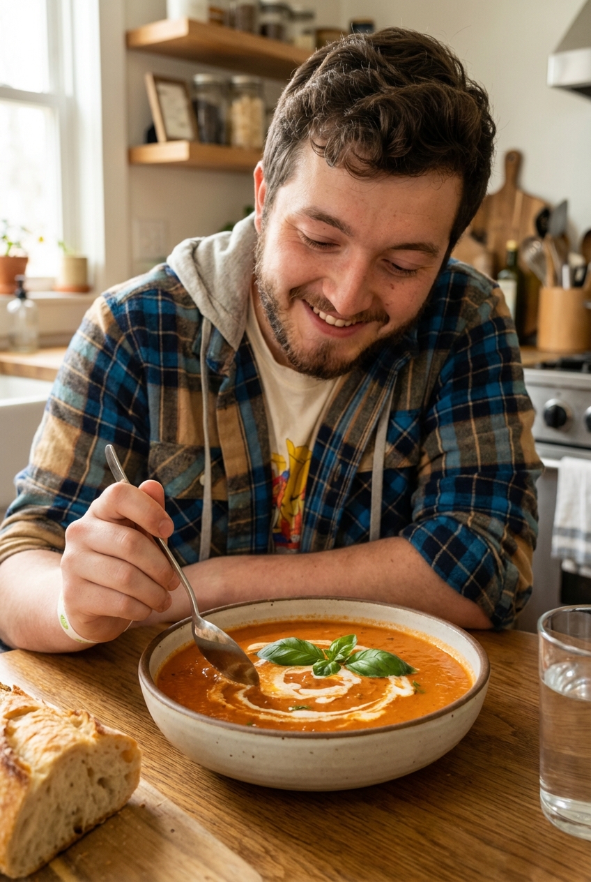 A bowl of creamy tomato basil soup on a table with a spoon