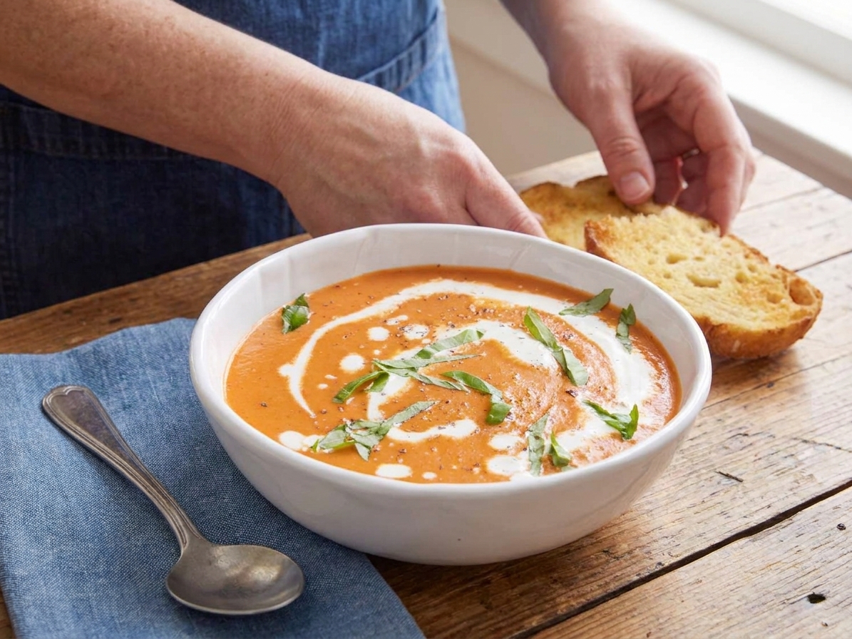 A bowl of creamy tomato bisque topped with basil and a swirl of cream on a wooden table with a spoon