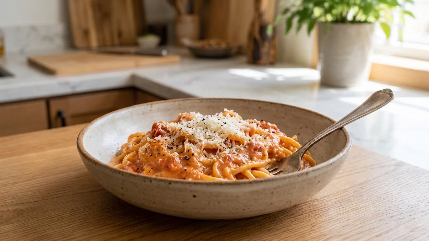 A bowl of creamy tomato pasta with grated Parmesan and black pepper on top, sitting on a simple wooden table with a fork