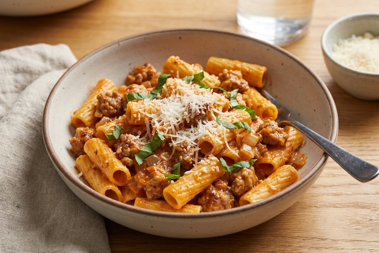 A bowl of creamy tomato sausage rigatoni topped with grated Parmesan and torn basil on a simple dinner table setting