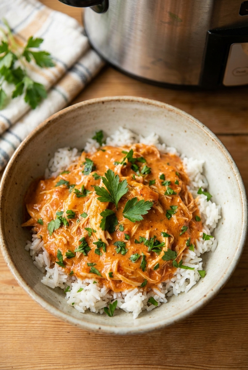 A bowl of creamy tomato slow cooker chicken served over rice with a sprinkle of parsley
