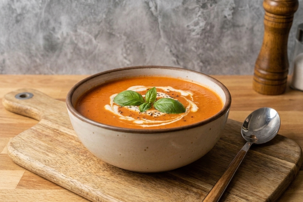A bowl of creamy tomato soup garnished with basil and a drizzle of cream on a wooden table, with a spoon beside it