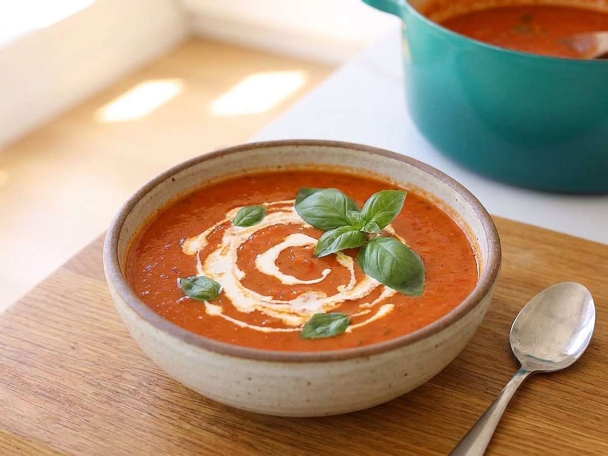 A bowl of creamy tomato soup topped with a swirl of cream and fresh basil on a wooden table with a spoon beside it, warm natural kitchen lighting