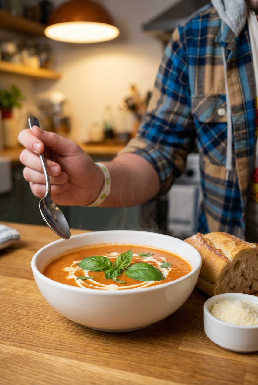 A bowl of creamy tomato soup topped with basil