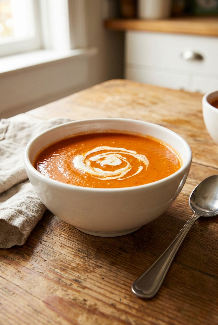 A bowl of creamy tomato soup with a swirl of cream