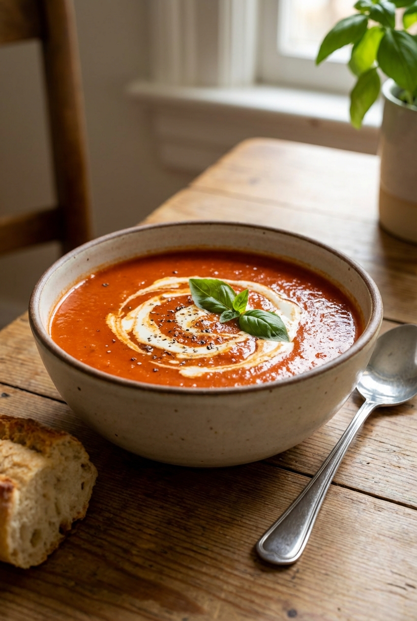 A bowl of creamy tomato soup with a swirl of cream on top