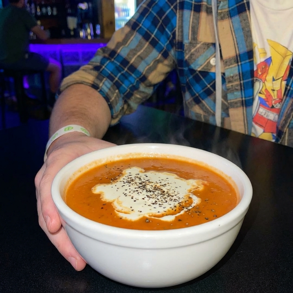 A bowl of creamy tomato soup with a swirl of cream and cracked black pepper