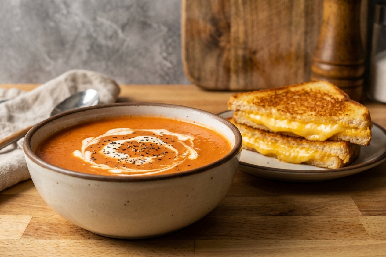 A bowl of creamy tomato soup with a swirl of cream and black pepper on top, served with a golden grilled cheese sandwich on a simple wooden table in warm kitchen light