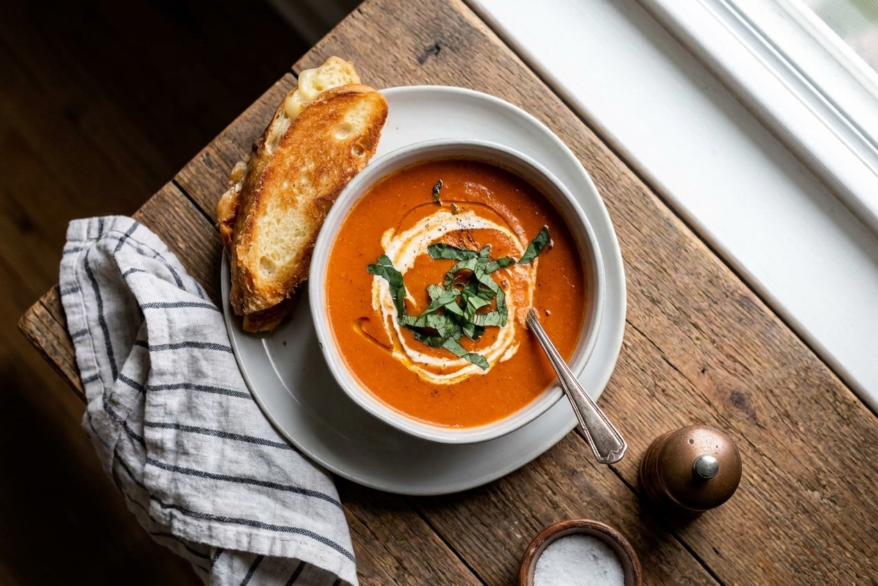 A bowl of creamy tomato soup with a swirl of cream and fresh basil leaves beside toasted bread on a simple table setting