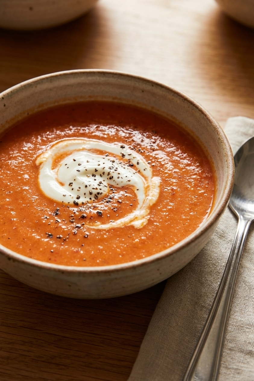 A bowl of creamy tomato soup with a white swirl of crème fraîche on top