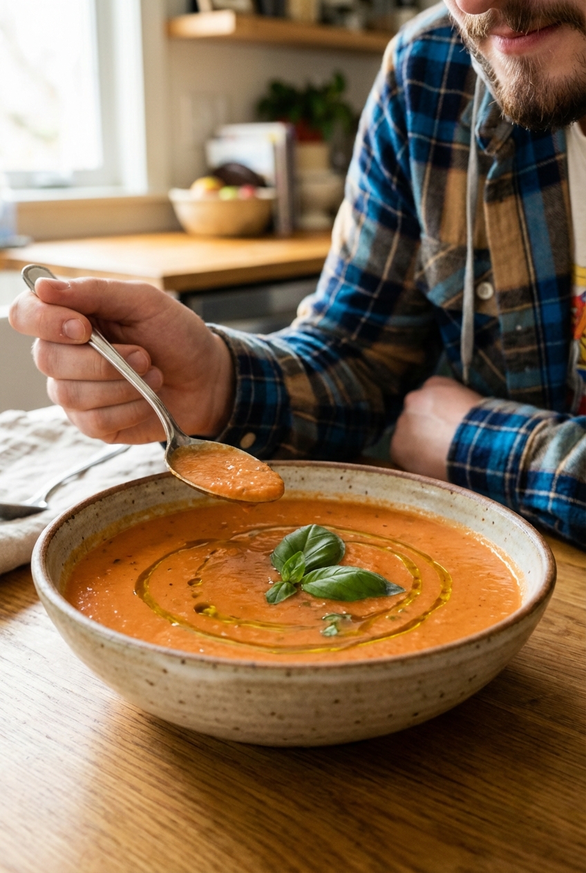 A bowl of creamy tomato soup with basil and a drizzle of olive oil