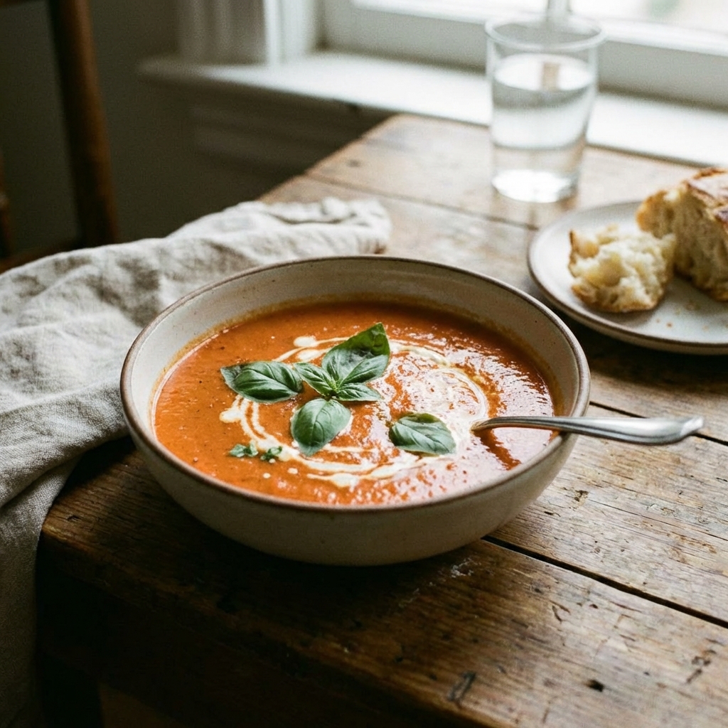 A bowl of creamy tomato soup with basil on top on a wooden table in soft light