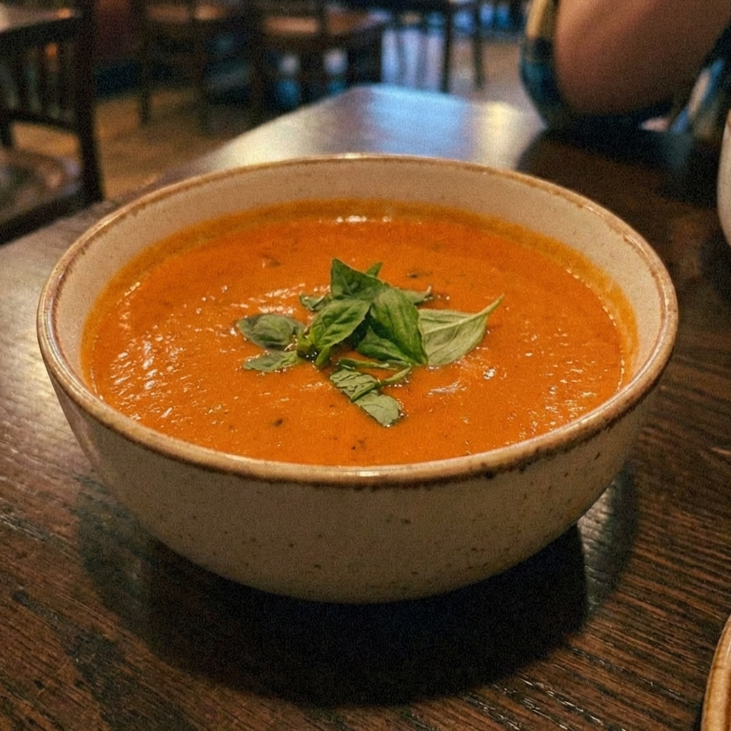 A bowl of creamy tomato soup with basil on top on a table