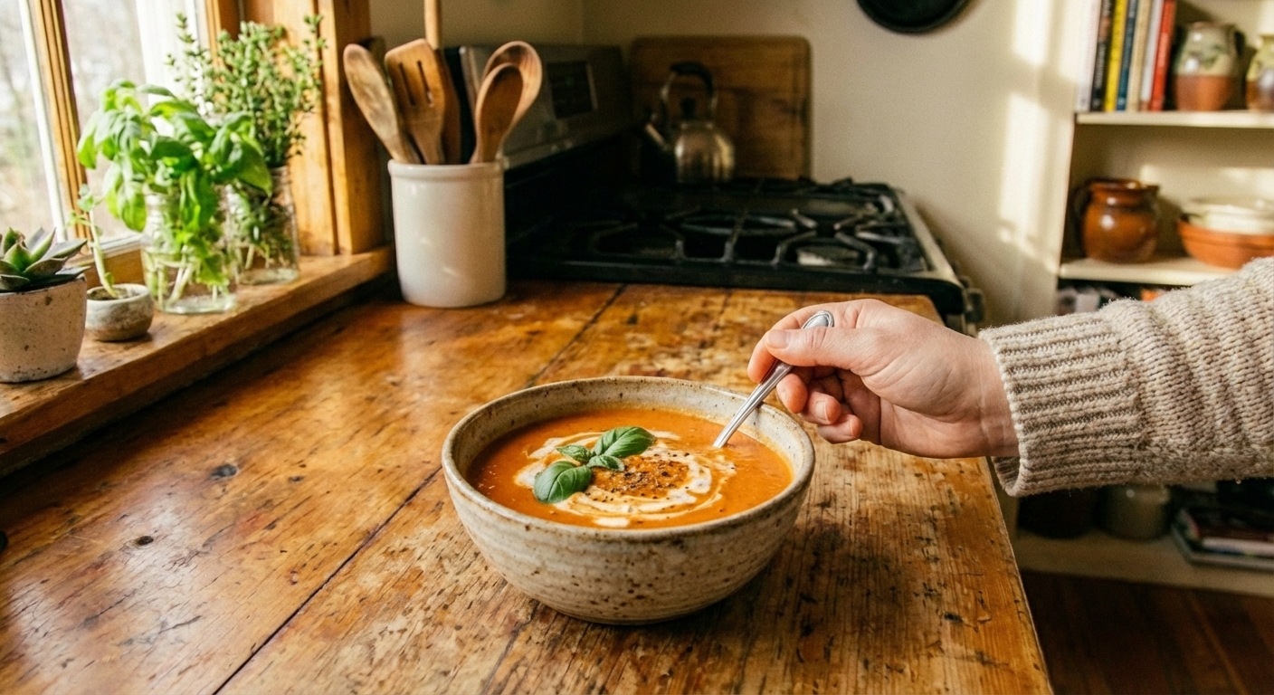 A bowl of creamy tomato soup with basil on top on a wooden table