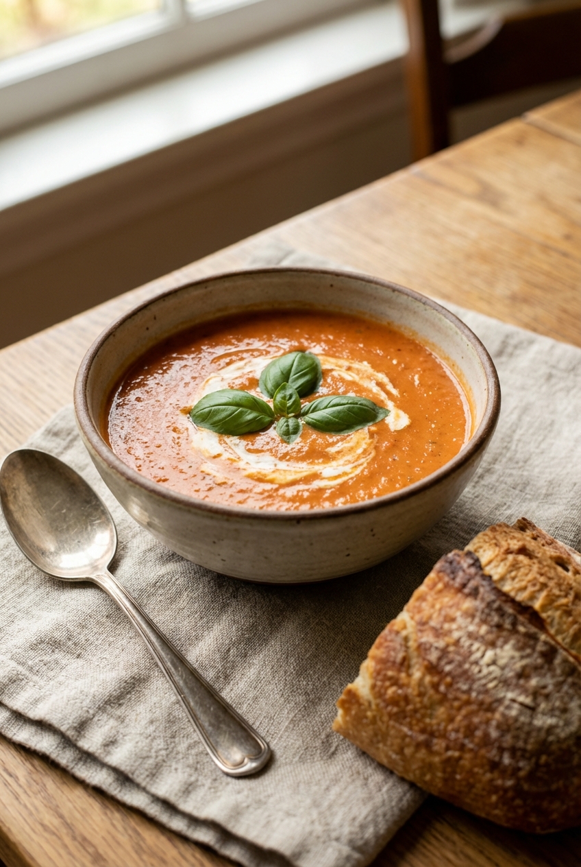 A bowl of creamy tomato soup with basil on top on a linen napkin