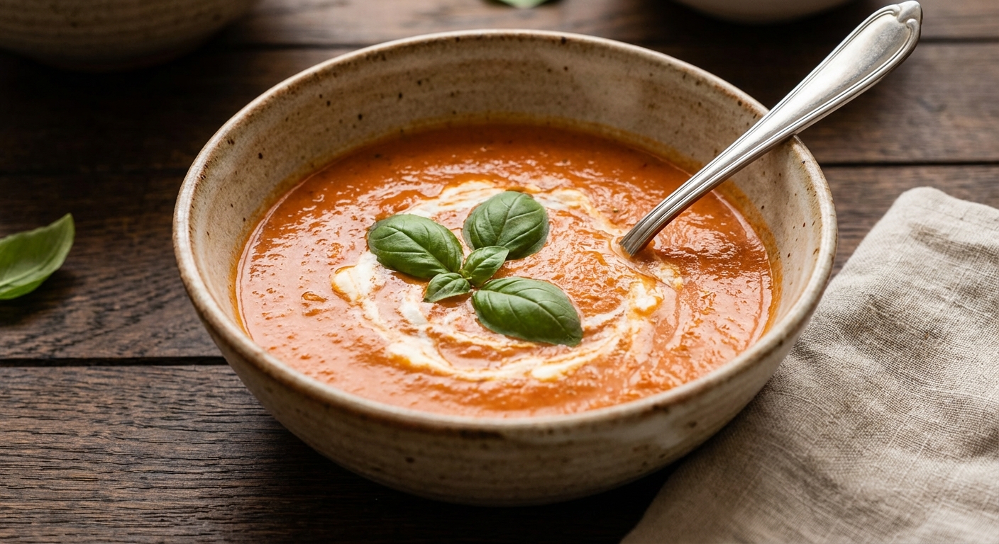 A bowl of creamy tomato soup with basil on top on a wooden table