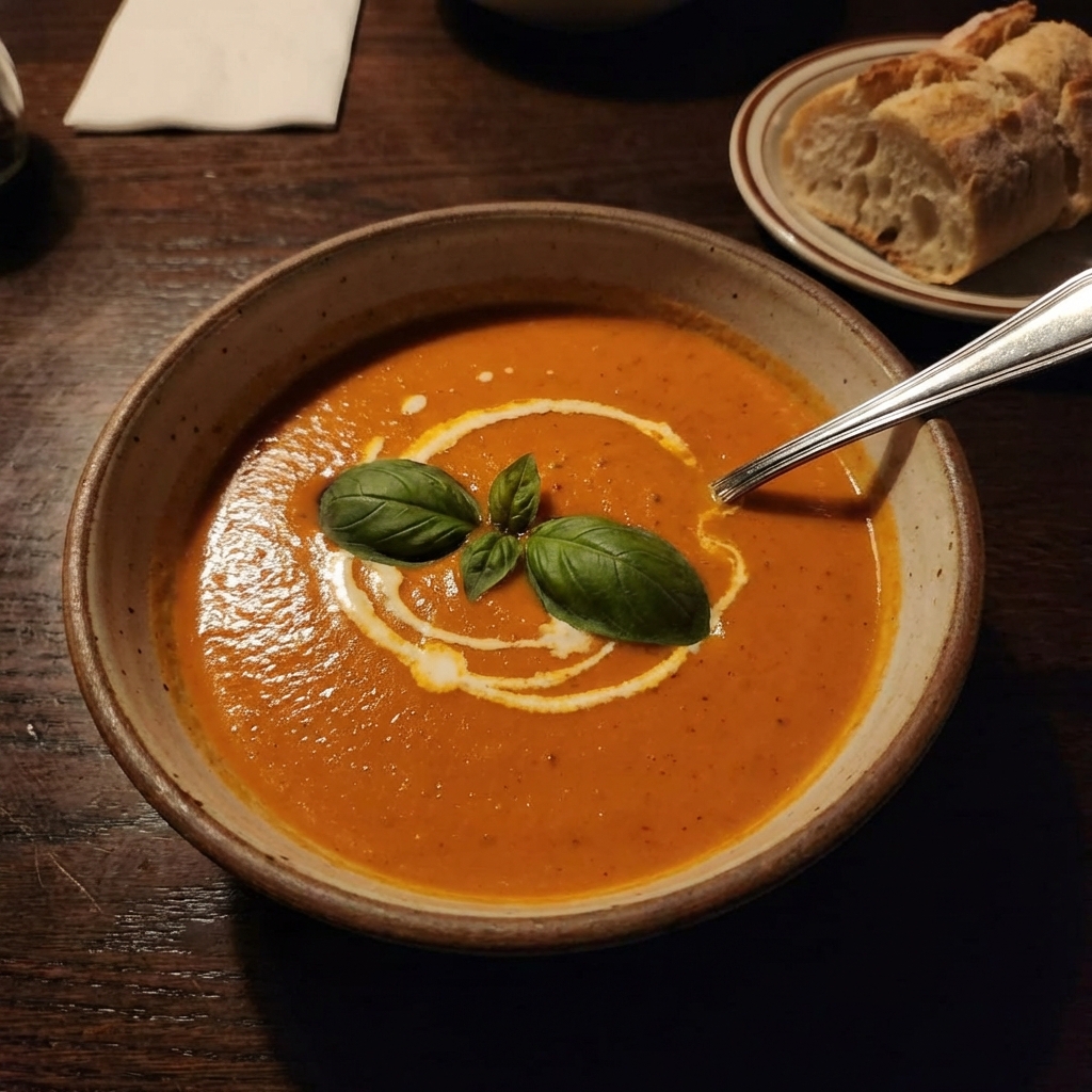 A bowl of creamy tomato soup with basil on top