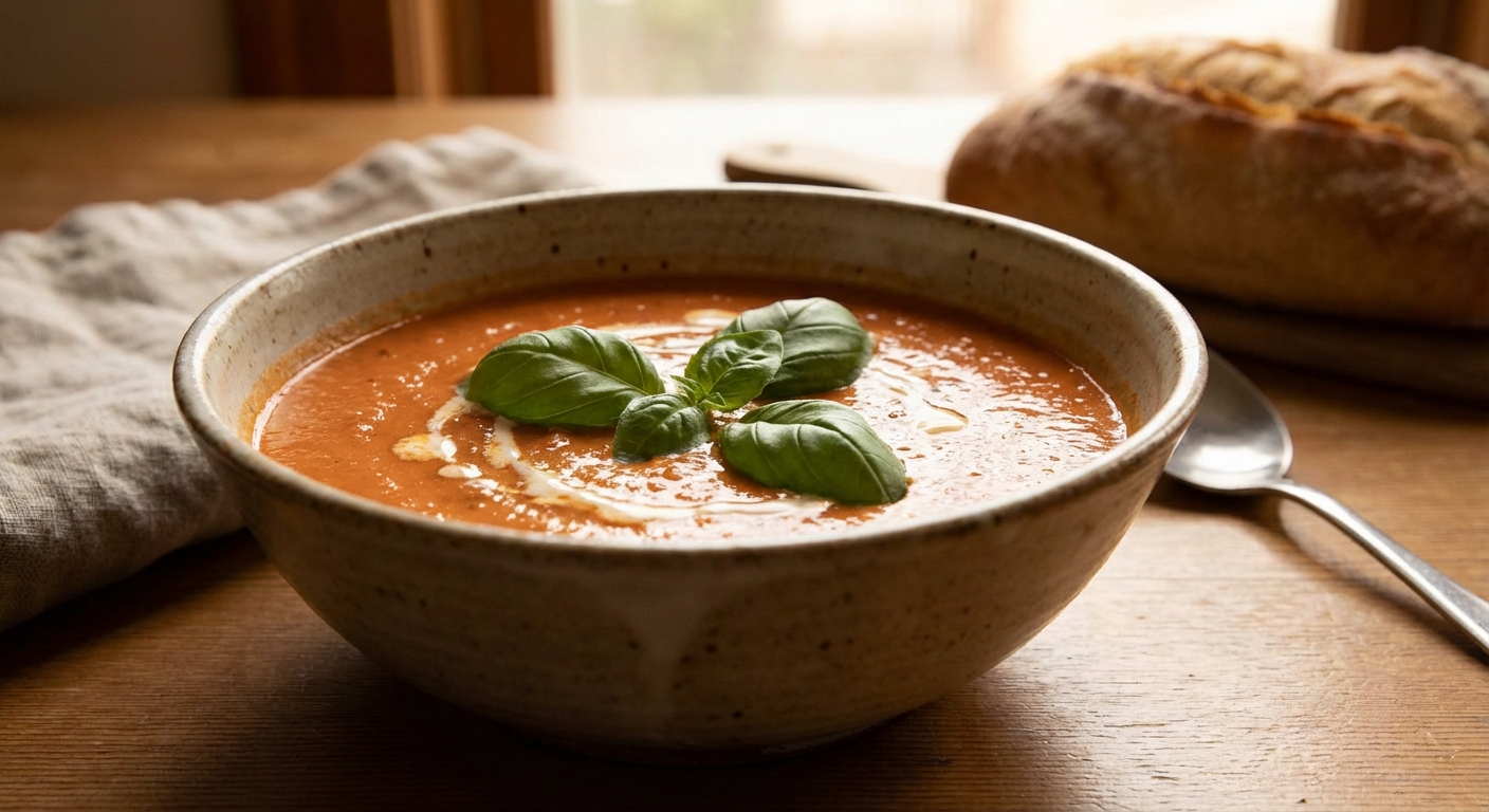 A bowl of creamy tomato soup with basil on top