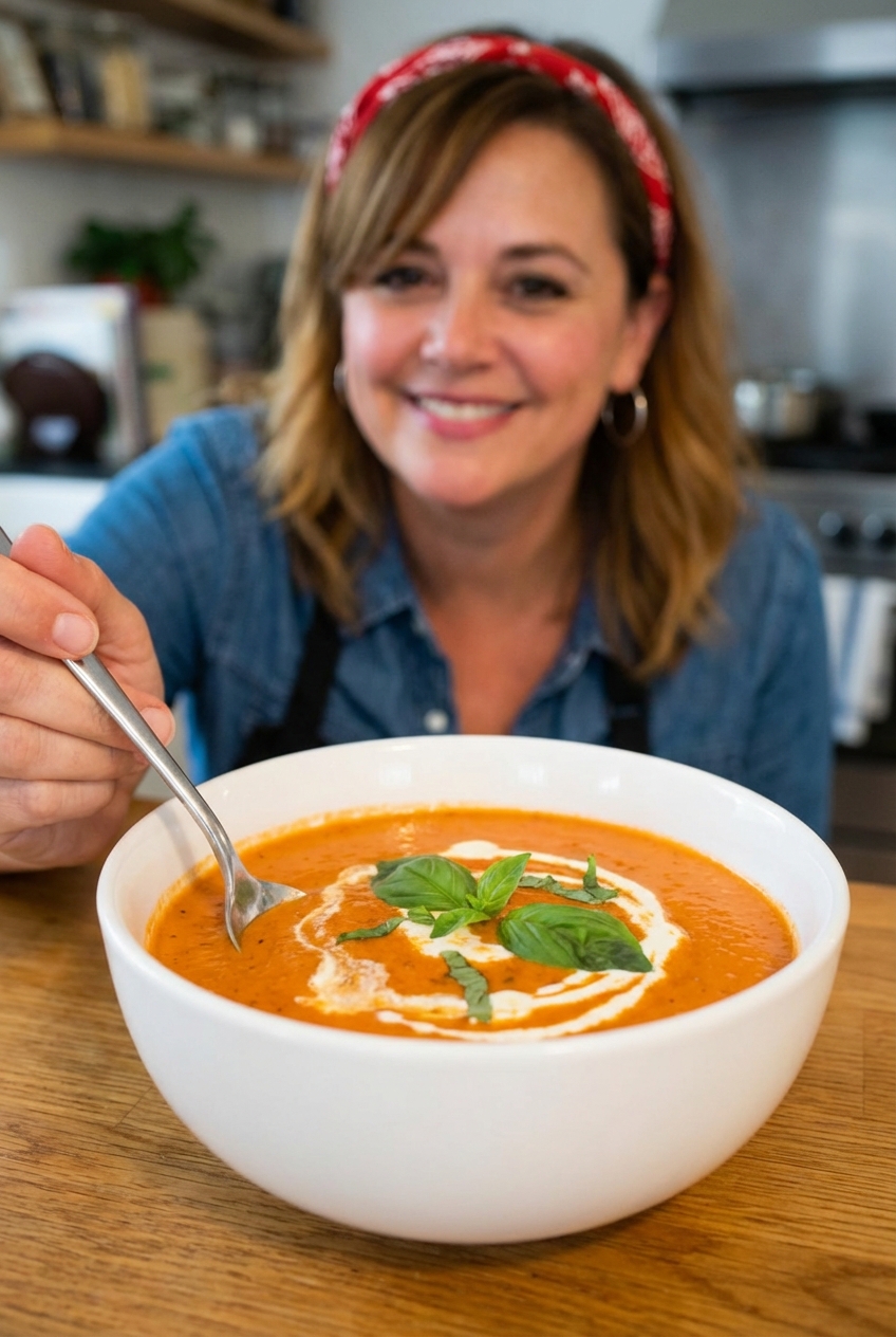 A bowl of creamy tomato soup with basil on top