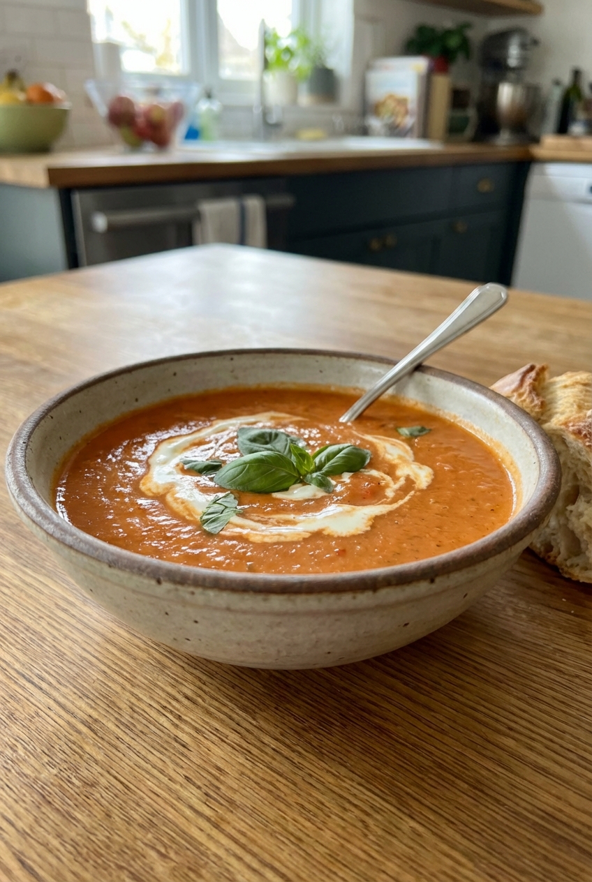 A bowl of creamy tomato soup with basil on top