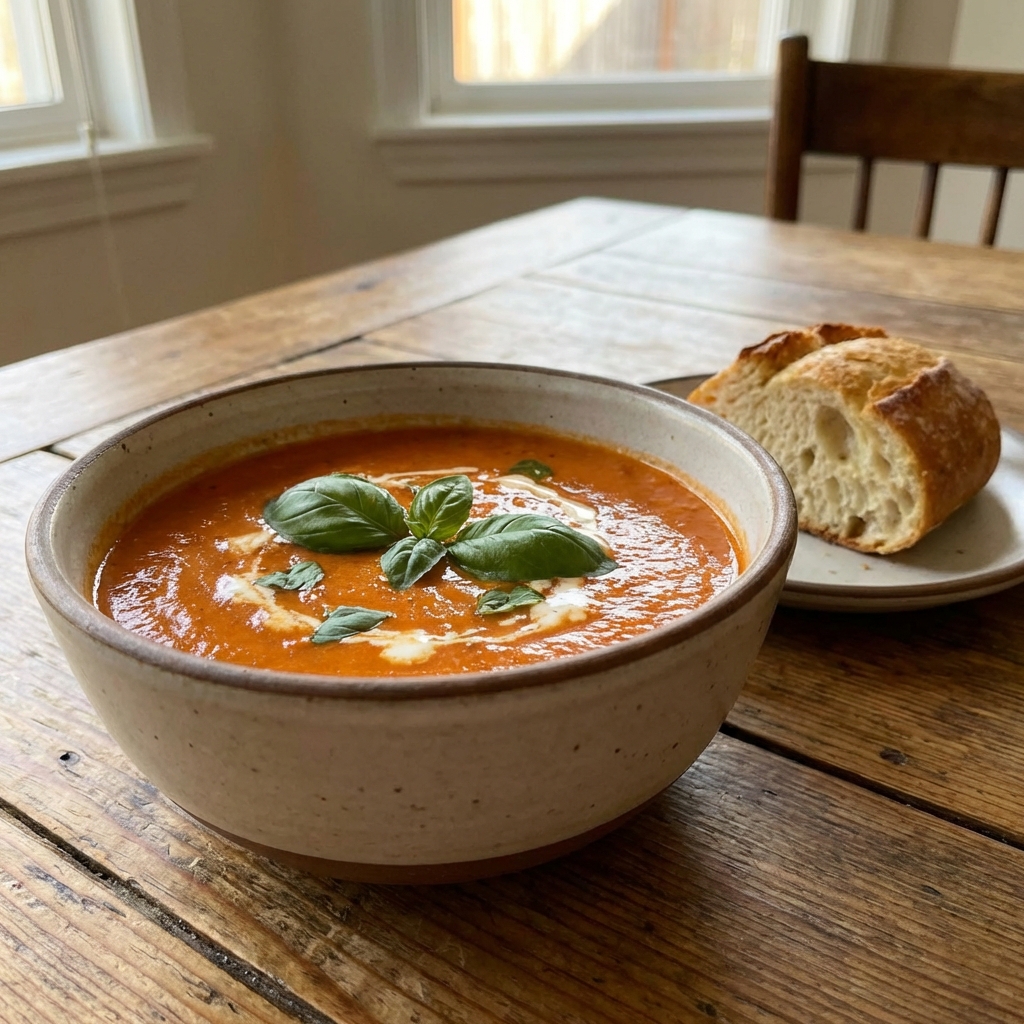 A bowl of creamy tomato soup with basil on top