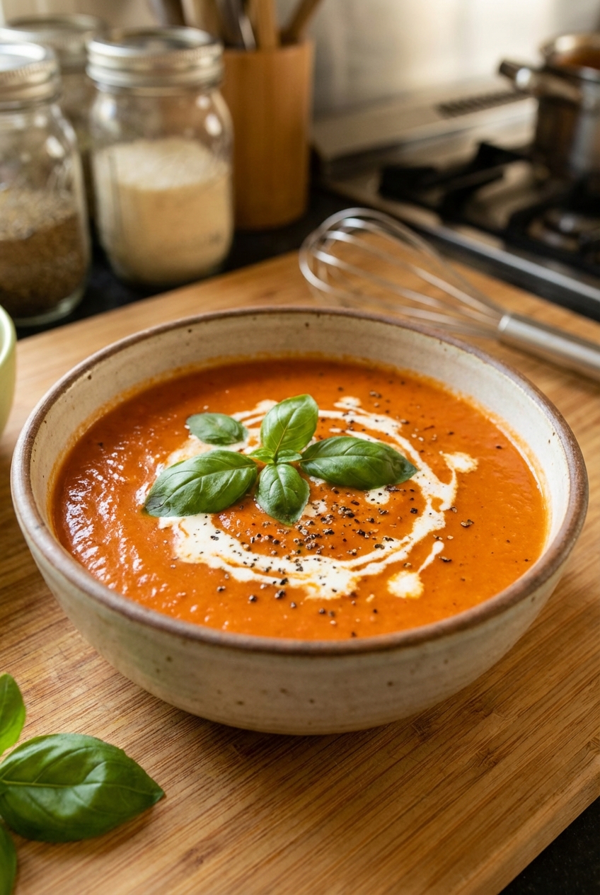 A bowl of creamy tomato soup with basil