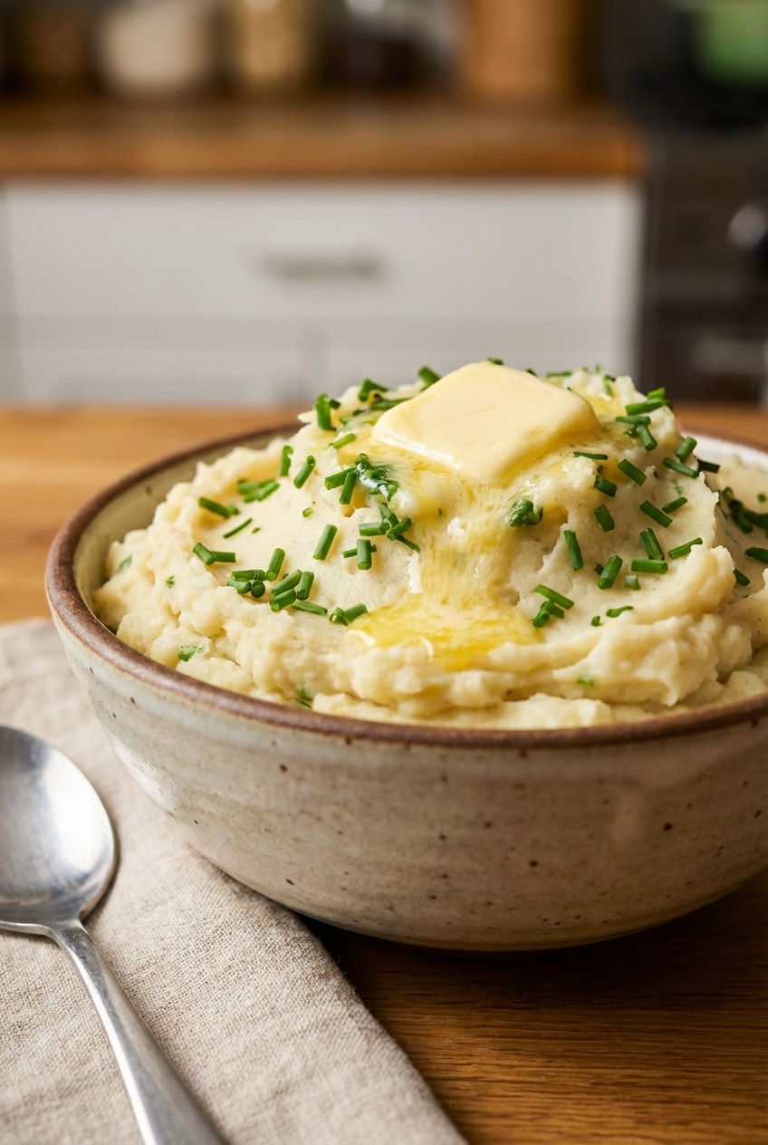 A bowl of creamy vegan mashed potatoes with chives and a pat of vegan butter melting on top