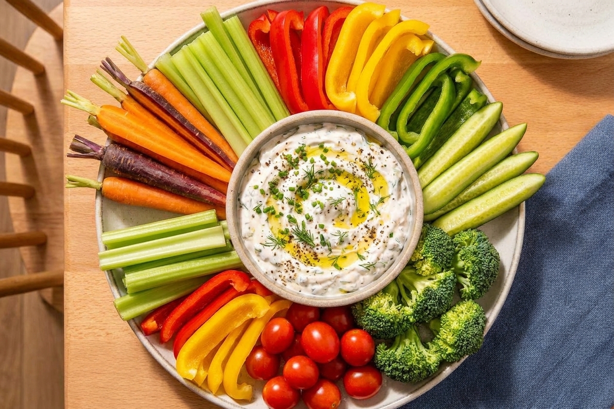 A bowl of creamy vegetable dip set in the center of a platter with carrots, celery, bell peppers, cucumbers, broccoli, and cherry tomatoes on a dining table